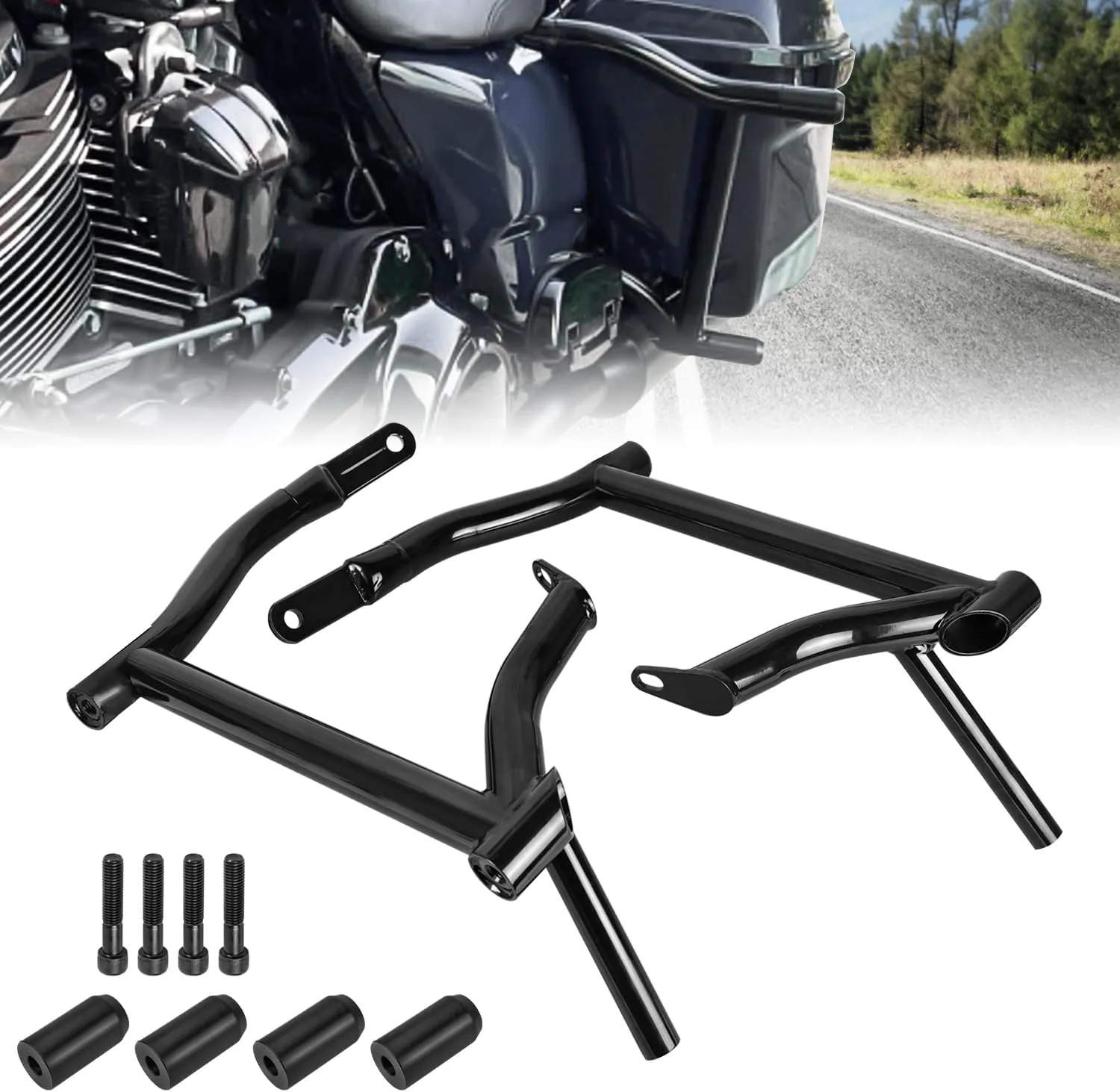 Saddle Bag Guards Rear Crash Bar Bracket Compatible with for 2009-2024 Touring Street Glide Road Glide Road King Electra Ultra Limited CVO Tip Over Saddlebag Protection Support Bracket Kit