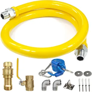 Safety System Kit, 3/4 In ID 48" Gas Hose Connector Kit with Elbows Quick Disconnect Gas Line Hose Full Port Gas Valve Restraining Device and Swivel Connector for Commercial Kitchen Equipment