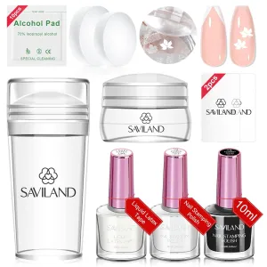 Saviland French Tip Nail Stamp: 10Pcs Nail Stamper Kit with 2 Nails Stamping Polish Gel, Peel off Latex Tape and 2 Replacement French Tip Nails Tool Heads for Frenchs Manicure Kit Home DIY