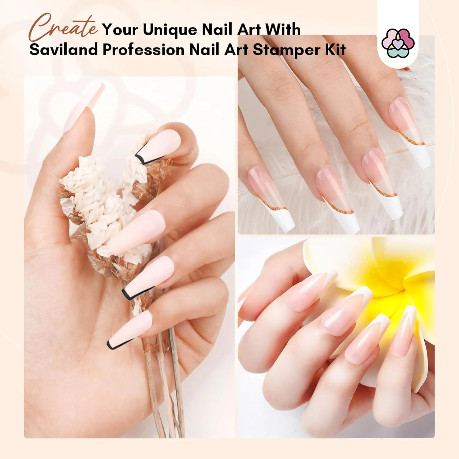 Saviland French Tip Nail Stamp: 10Pcs Nail Stamper Kit with 2 Nails Stamping Polish Gel, Peel off Latex Tape and 2 Replacement French Tip Nails Tool Heads for Frenchs Manicure Kit Home DIY