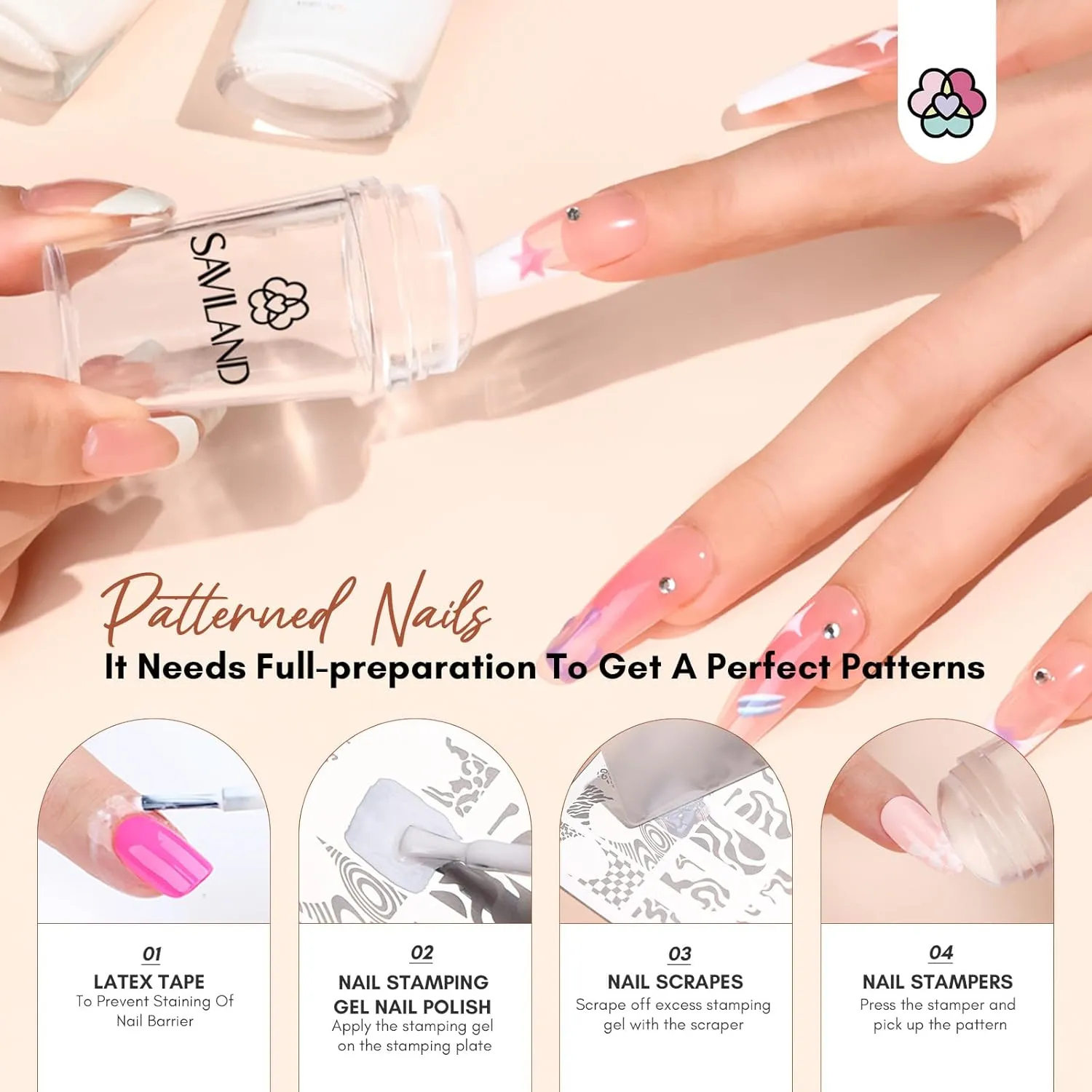 Saviland French Tip Nail Stamp: 10Pcs Nail Stamper Kit with 2 Nails Stamping Polish Gel, Peel off Latex Tape and 2 Replacement French Tip Nails Tool Heads for Frenchs Manicure Kit Home DIY