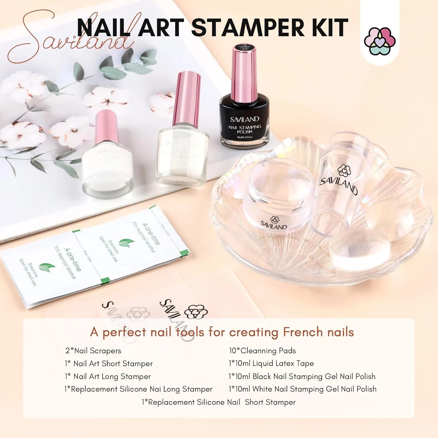 Saviland French Tip Nail Stamp: 10Pcs Nail Stamper Kit with 2 Nails Stamping Polish Gel, Peel off Latex Tape and 2 Replacement French Tip Nails Tool Heads for Frenchs Manicure Kit Home DIY