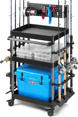 Savior Equipment Mobile Tackle Station 16 Fishing Rod Holder Cart w/Wheels, Adjustable Rack for Different Rod & Reel, 3-Level Fishing Gear Storage Pole Organizer for Garage Home Indoor Use