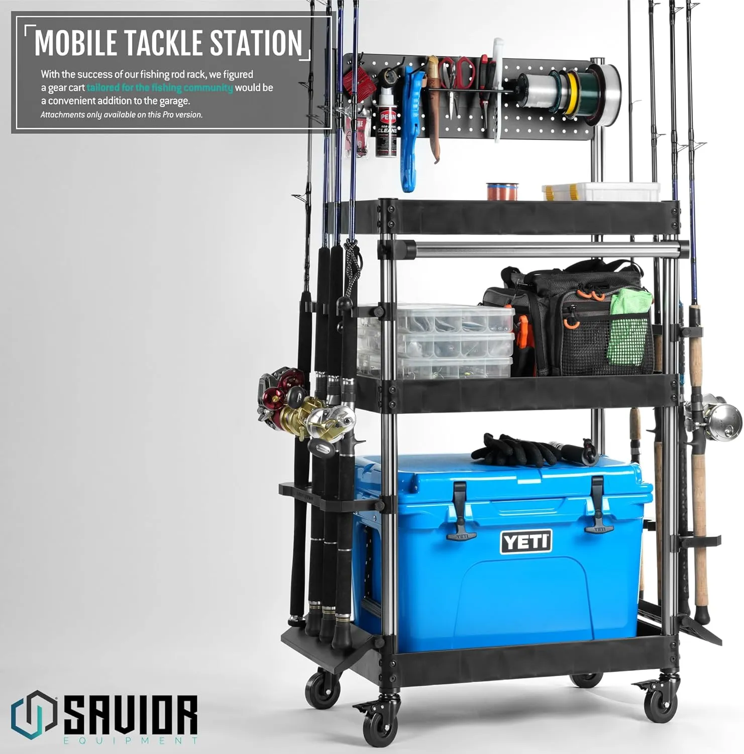 Savior Equipment Mobile Tackle Station 16 Fishing Rod Holder Cart w/Wheels, Adjustable Rack for Different Rod & Reel, 3-Level Fishing Gear Storage Pole Organizer for Garage Home Indoor Use