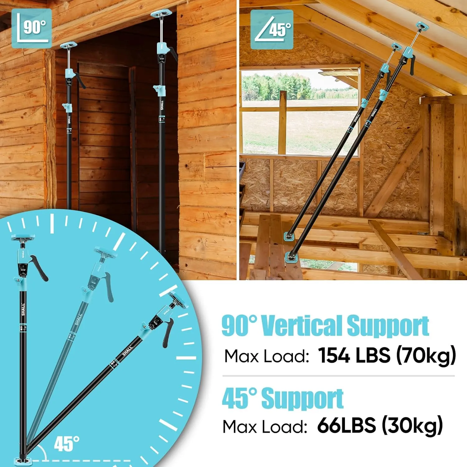 SHALL Cabinet Jack Support Pole, 54-114 in Steel Telescopic Quick Support System Rod, Adjustable 3rd Hand Tool with 154lbs Capacity for Lifting Drywall Cabinet Cargo Bars, 4 Pack w/Storage Bag