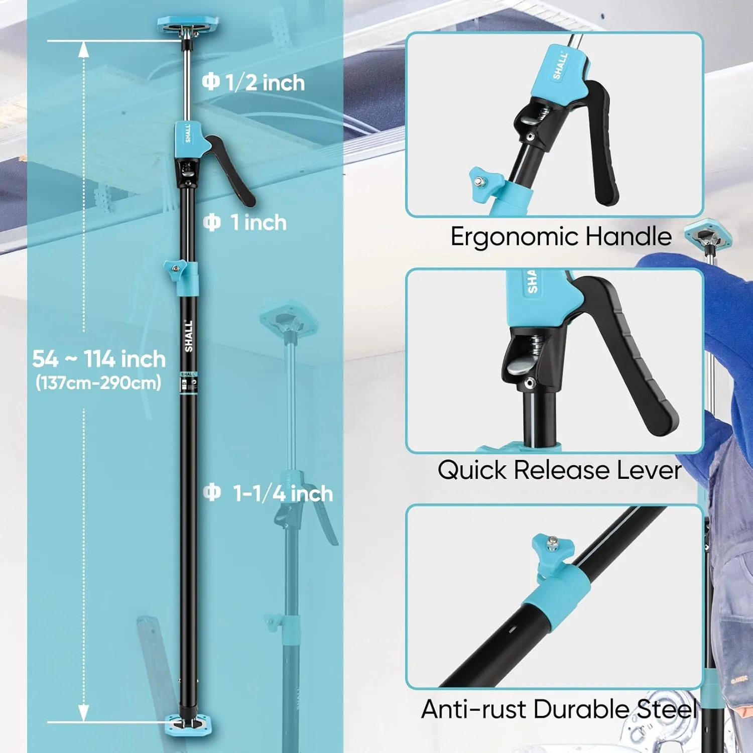 SHALL Cabinet Jack Support Pole, 54-114 in Steel Telescopic Quick Support System Rod, Adjustable 3rd Hand Tool with 154lbs Capacity for Lifting Drywall Cabinet Cargo Bars, 4 Pack w/Storage Bag