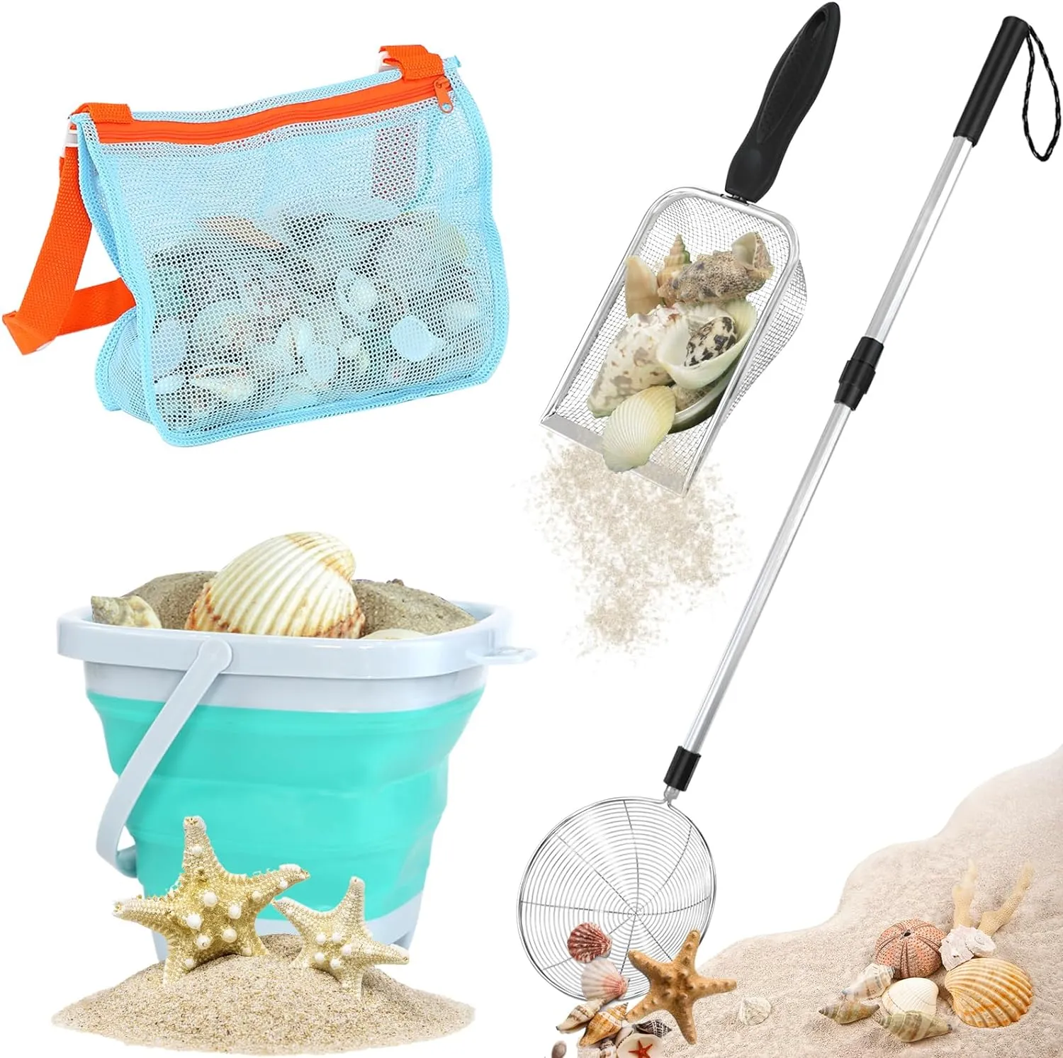 Shark Tooth Treasure Hunt Kit: Beach Sand Sifter, Shell Digging Tools & Collapsible Bucket – Ultimate Kids Beach Adventure Set for Ages 6-12