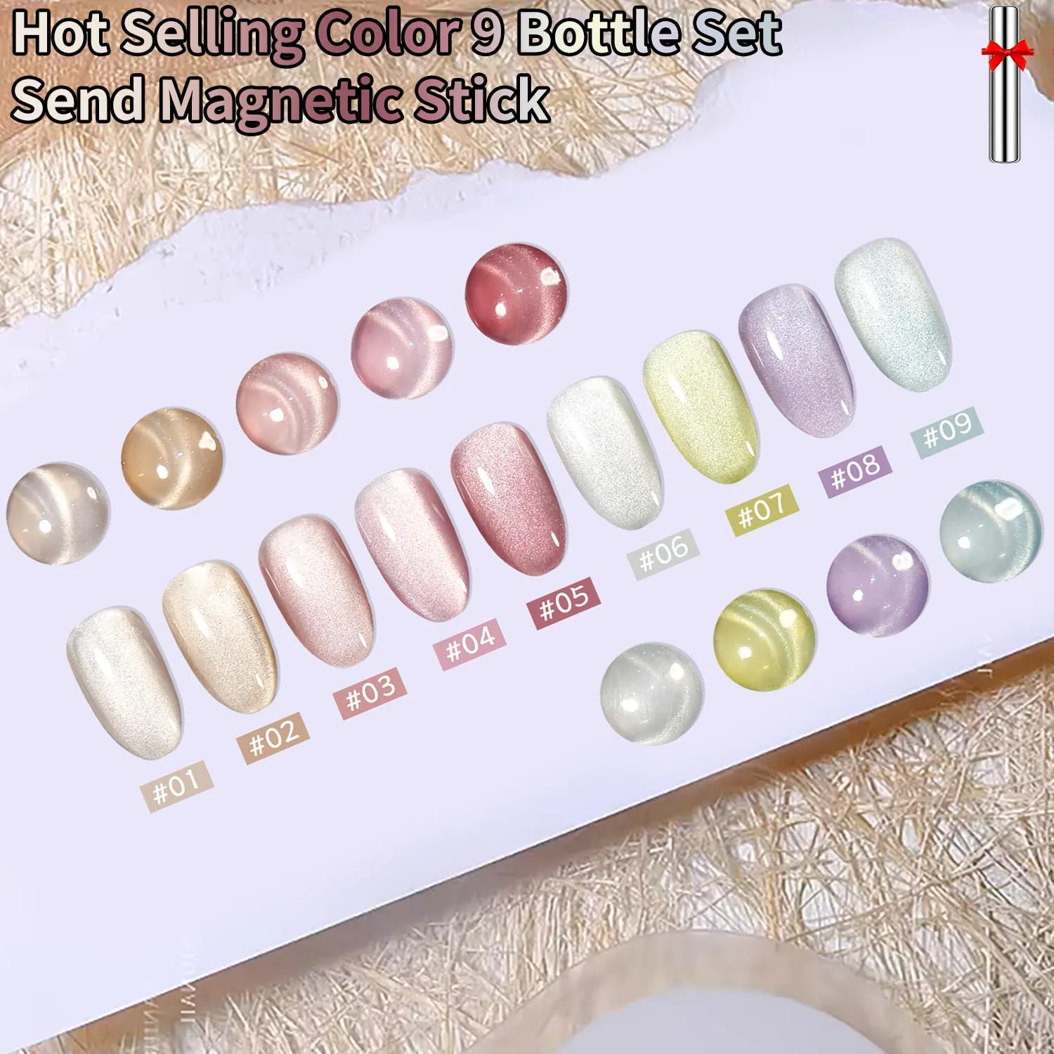 Silk Cat Eye Gel Nail Polish Set Of 9 Colors Ceramic Moonlight Glitter Reflective Shimmer White Orange Green Blue Purple Red Jelly Magnetic French Gel Polish Kit (Full Set Of 9 Colors)