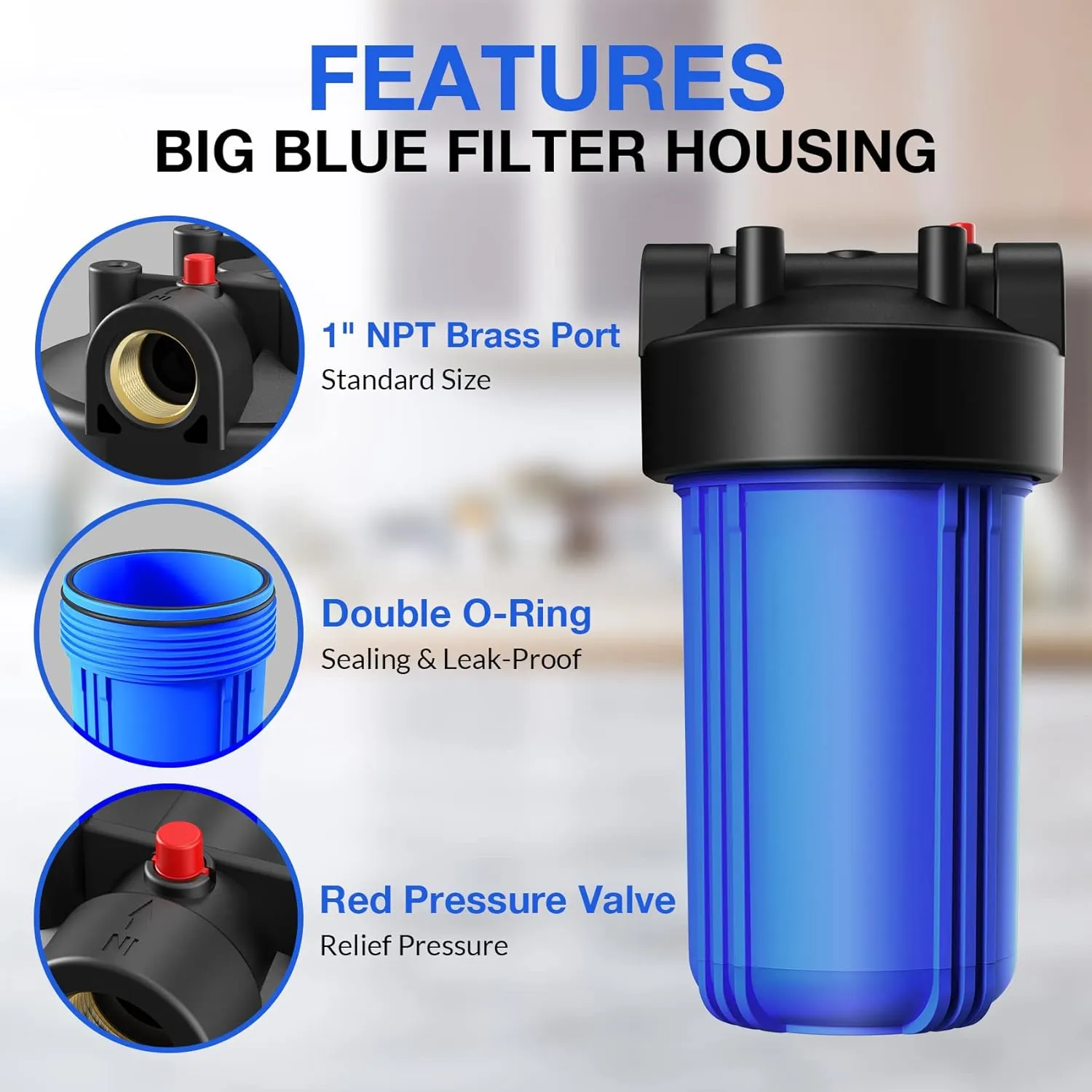 SimPure Whole House Water Filter Housing (DB10P), 10" x 4.5" Sediment Carbon Filter Universal Housing, Pre-Filtration System for Well and City Water, 1" NPT Port, Pressure Release