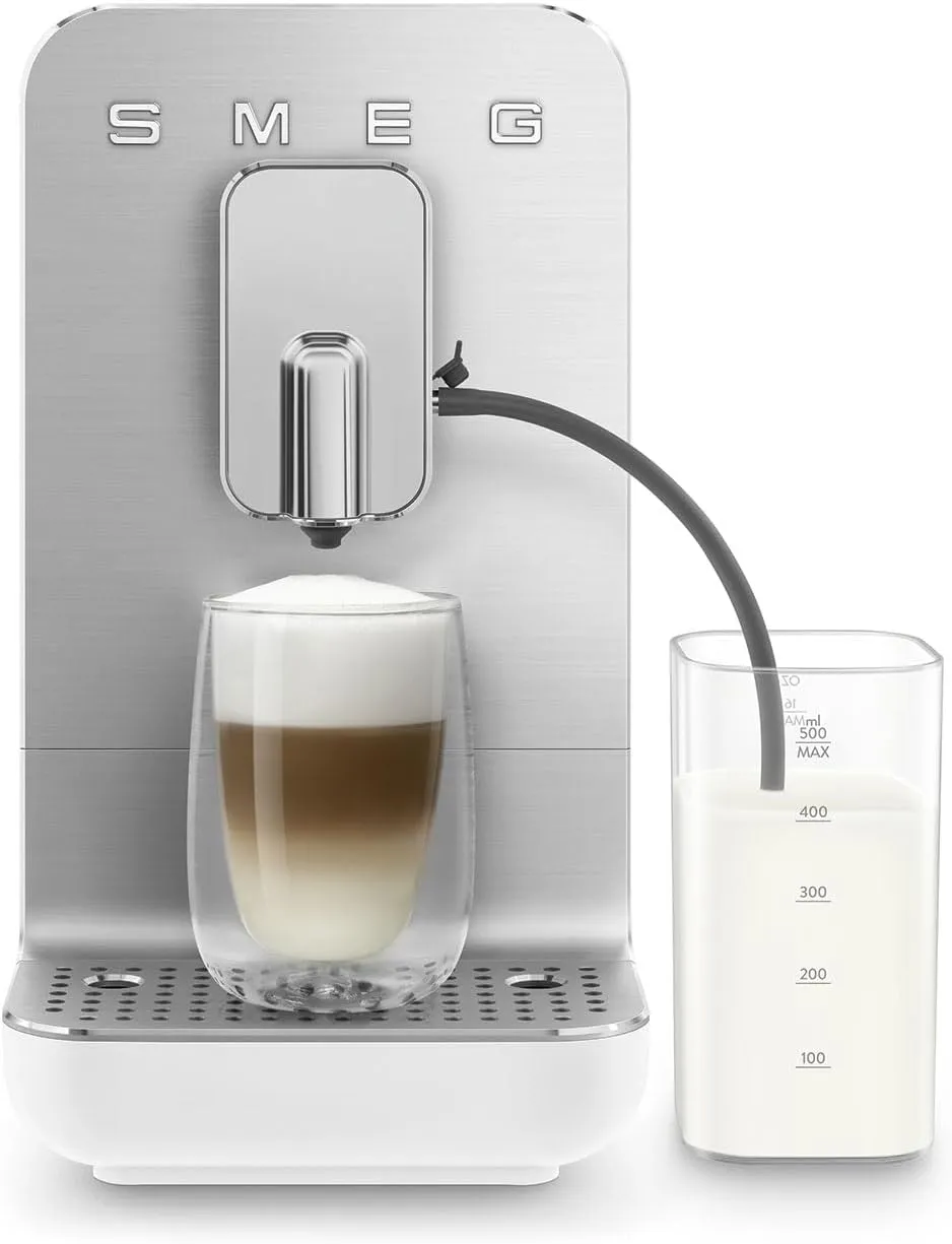 SMEG NEW Fully Automatic Espresso Machine w/Integrated Milk Frothing and Coffee Grinder 10 Preset Beverages 19 Bars of Pressure Space Saving Energy Efficient Thermoblock Heating BCC13WHMUS Matte White