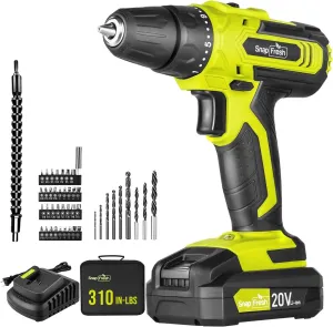 SnapFresh 20V Cordless Drill Set, 3/8" Power Drill with 2 Variable Speed, 21 1 Torque Setting, LED, 43pcs Drill Bits, Impact Driver Kit for Home,DIY-2.0Ah Battery & Fast Charger Included