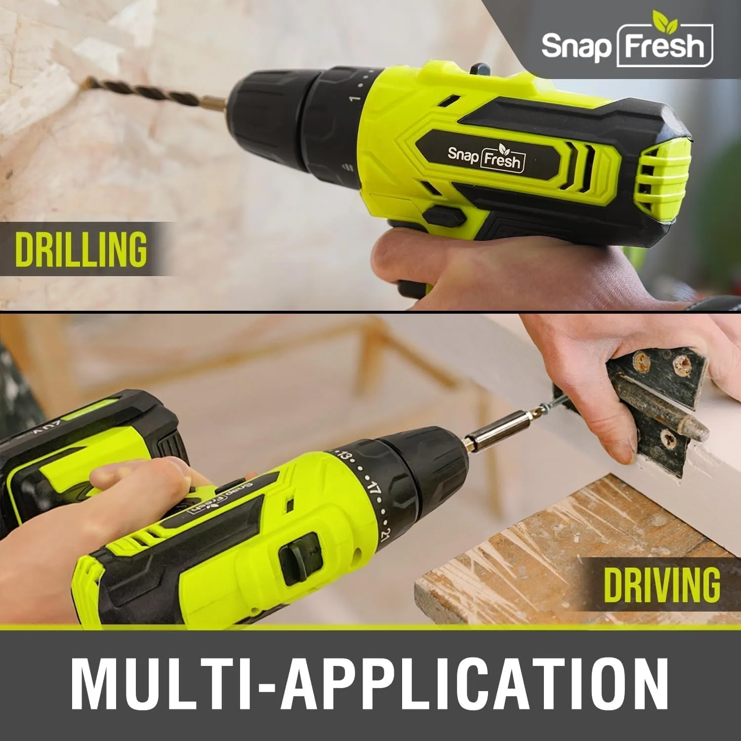 SnapFresh 20V Cordless Drill Set, 3/8" Power Drill with 2 Variable Speed, 21 1 Torque Setting, LED, 43pcs Drill Bits, Impact Driver Kit for Home,DIY-2.0Ah Battery & Fast Charger Included