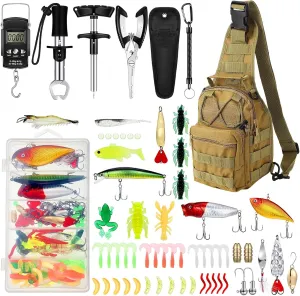 Sosation 134 Pcs Fishing Tool Kit Fishing Gear and Equipment for Men Adults, Include Hook Remover, Pliers Kit, Tackle Box with Tackle Included, Lures, Lip Gripper, Weigh Scale