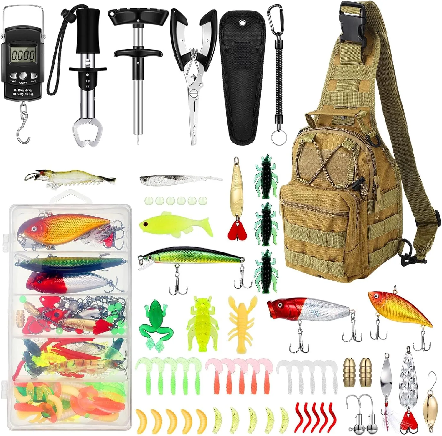 Sosation 134 Pcs Fishing Tool Kit Fishing Gear and Equipment for Men Adults, Include Hook Remover, Pliers Kit, Tackle Box with Tackle Included, Lures, Lip Gripper, Weigh Scale