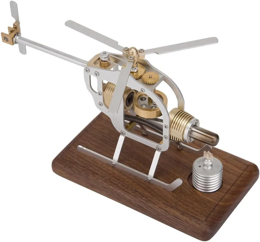 Stirling Engine Model Kits, Hot Air Helicopter Engine with Glass Piston & Bamboo Base for Physical Science Experiment Display (KIT Version)