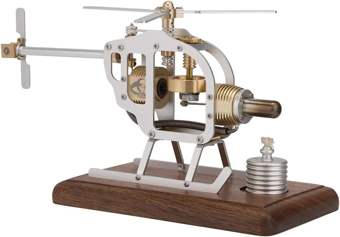 Stirling Engine Model Kits, Hot Air Helicopter Engine with Glass Piston & Bamboo Base for Physical Science Experiment Display (KIT Version)