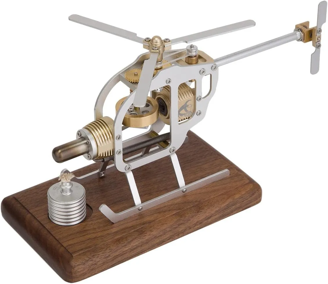 Stirling Engine Model Kits, Hot Air Helicopter Engine with Glass Piston & Bamboo Base for Physical Science Experiment Display (KIT Version)