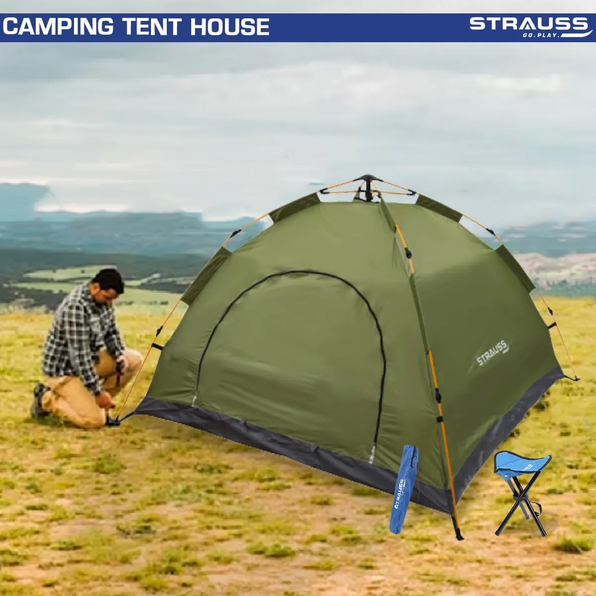 STRAUSS Portable Tent For Camping | 5-10 Minutes Easy Setup | Ideal For Picnic, Hiking, Trekking ,Outdoor Tent for Travel | Waterproof and Windproof Tent for Camping | Superior Air Ventilation | Ideal For 2 Persons,(Green)