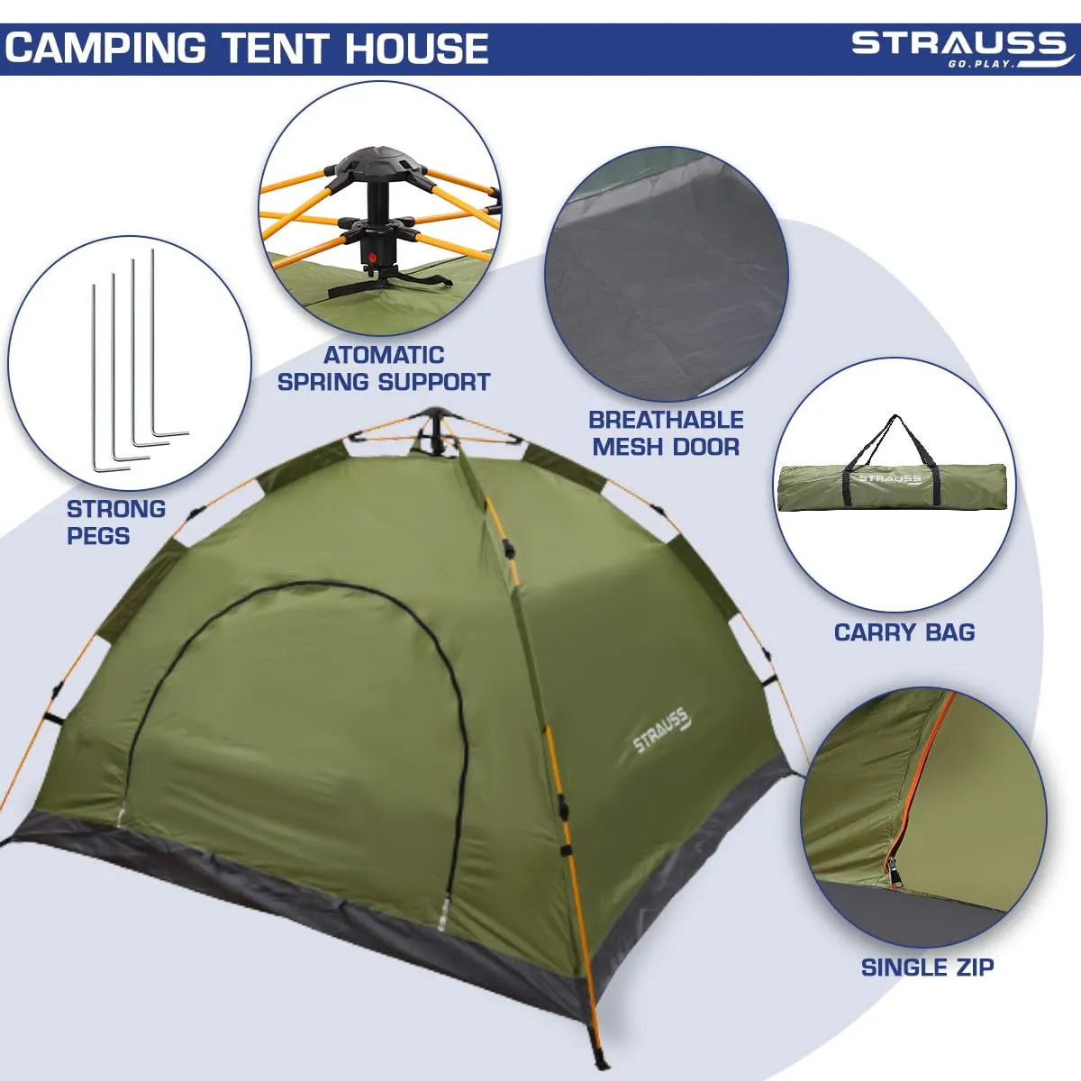STRAUSS Portable Tent For Camping | 5-10 Minutes Easy Setup | Ideal For Picnic, Hiking, Trekking ,Outdoor Tent for Travel | Waterproof and Windproof Tent for Camping | Superior Air Ventilation | Ideal For 2 Persons,(Green)