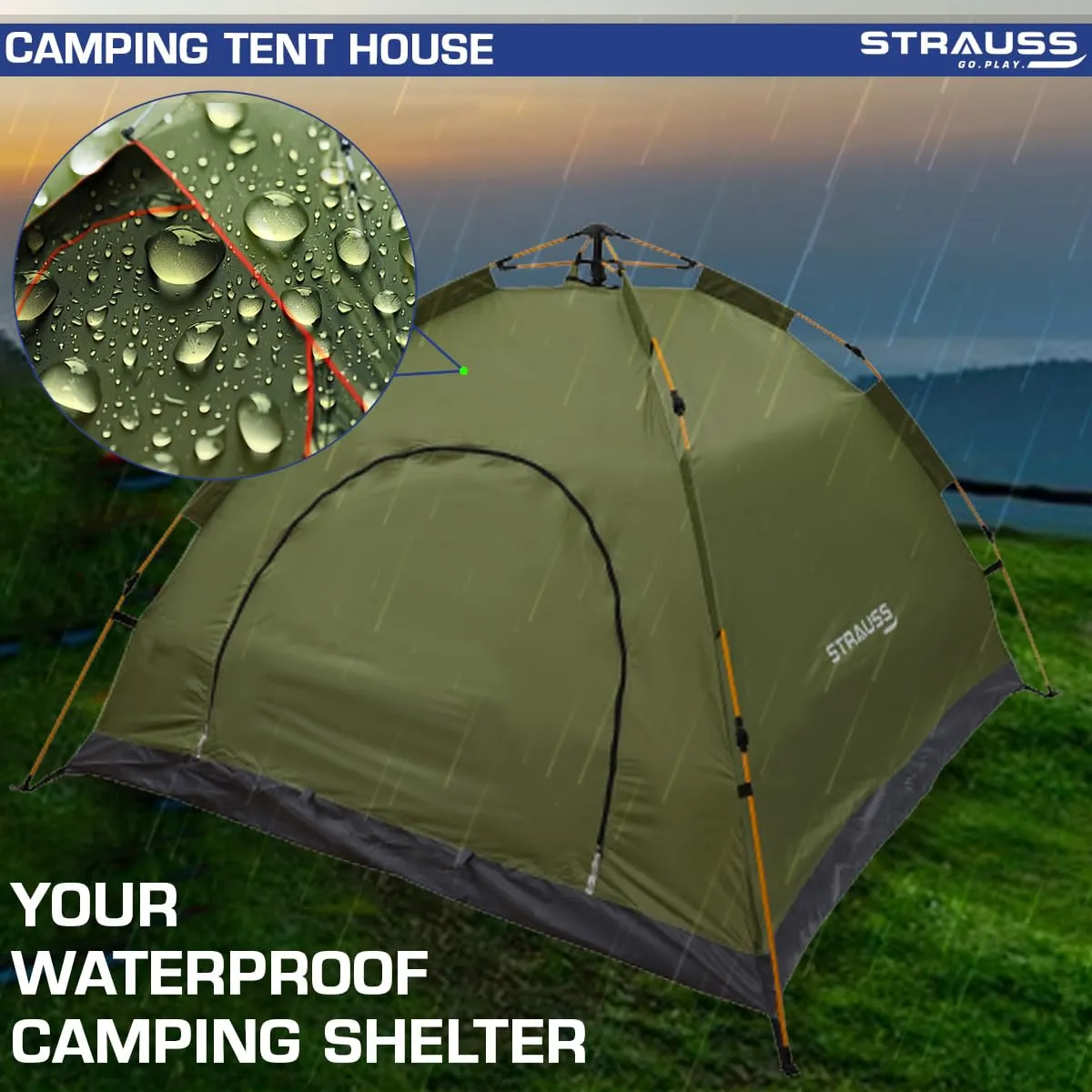 STRAUSS Portable Tent For Camping | 5-10 Minutes Easy Setup | Ideal For Picnic, Hiking, Trekking ,Outdoor Tent for Travel | Waterproof and Windproof Tent for Camping | Superior Air Ventilation | Ideal For 2 Persons,(Green)