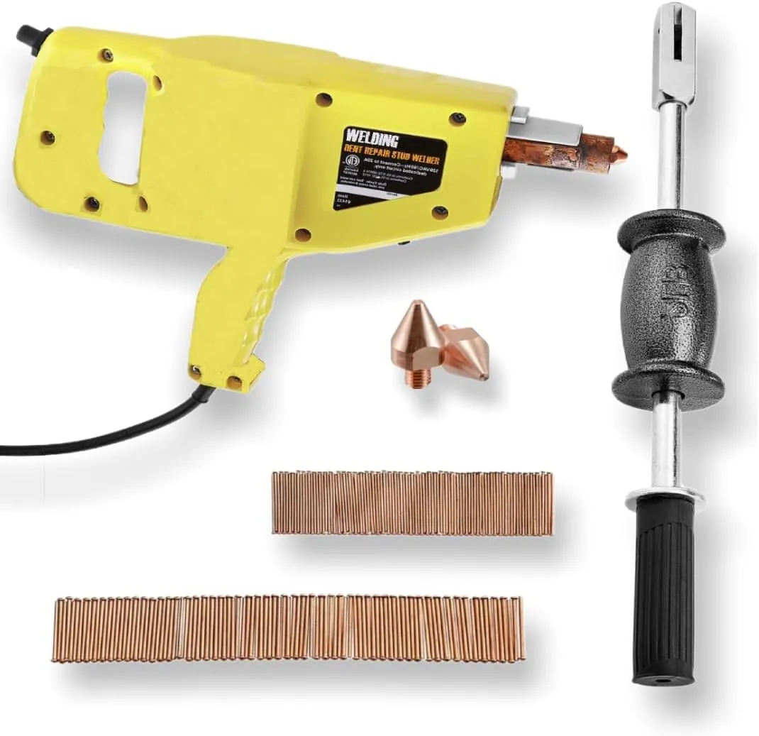 Stud Welder Dent Repair Kit Compatible with Chicago Electric - Professional Auto Body Dent Repair Without Drilling - Includes 200 Studs, 2 Welding Tips, and 2 lb. Slide Hammer Dent Puller