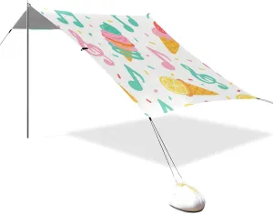 Summer Ice Cream Musical Note Bright Colorful Designed UPF50  Protection Beach Cabana Tent Waterproof Sun Shelter with Sand Pockets for Family Trips, Picnics & Camping casita de Playa para