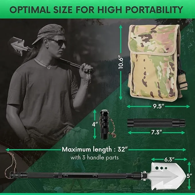 Survival Shovel Stainless Steel Folding Multi-Tool Survival Flashlight – Equipment for Outdoor With Self Defense Hiking Stick Hunting Emergency Survival Kit For Backpacking, Camping Gear