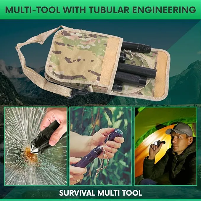 Survival Shovel Stainless Steel Folding Multi-Tool Survival Flashlight – Equipment for Outdoor With Self Defense Hiking Stick Hunting Emergency Survival Kit For Backpacking, Camping Gear