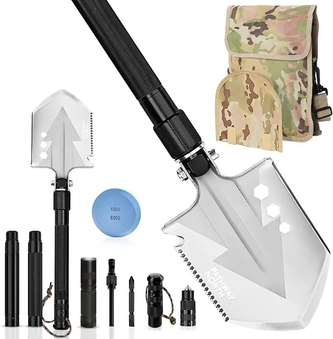 Survival Shovel Stainless Steel Folding Multi-Tool Survival Flashlight – Equipment for Outdoor With Self Defense Hiking Stick Hunting Emergency Survival Kit For Backpacking, Camping Gear