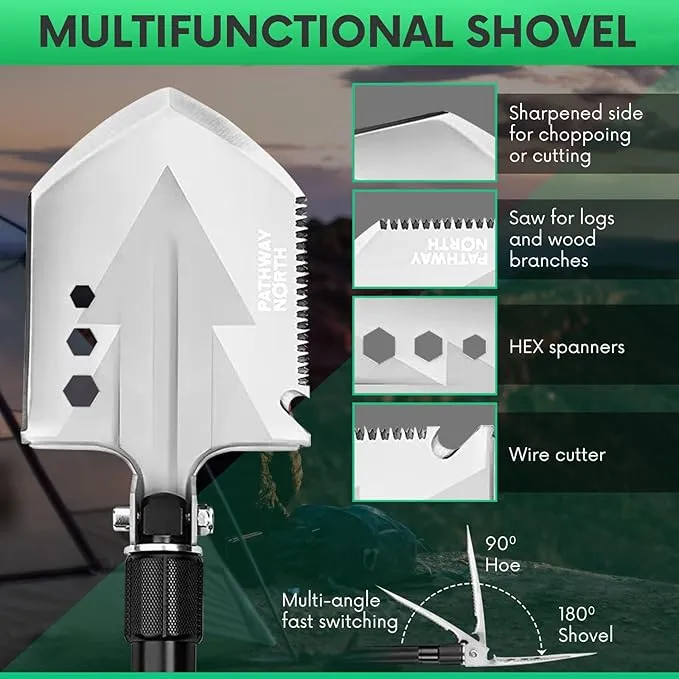 Survival Shovel Stainless Steel Folding Multi-Tool Survival Flashlight – Equipment for Outdoor With Self Defense Hiking Stick Hunting Emergency Survival Kit For Backpacking, Camping Gear