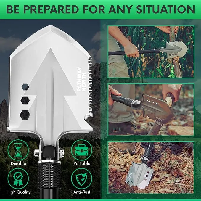 Survival Shovel Stainless Steel Folding Multi-Tool Survival Flashlight – Equipment for Outdoor With Self Defense Hiking Stick Hunting Emergency Survival Kit For Backpacking, Camping Gear