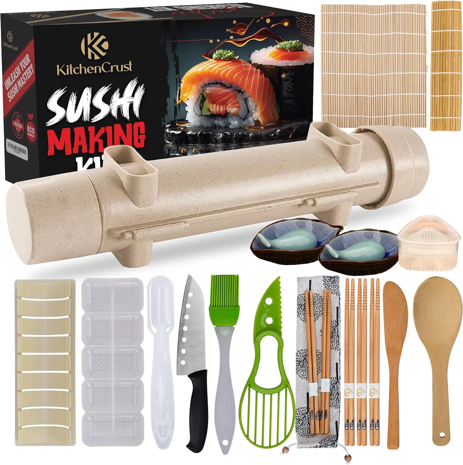 sushi making kit for beginners 22 in 1 sushi bazooka sushi maker roller bamboo sushi rolling mat Includes Avocado Slicer, Knife, Sushi Mold, Chopsticks, Sauce Dishes