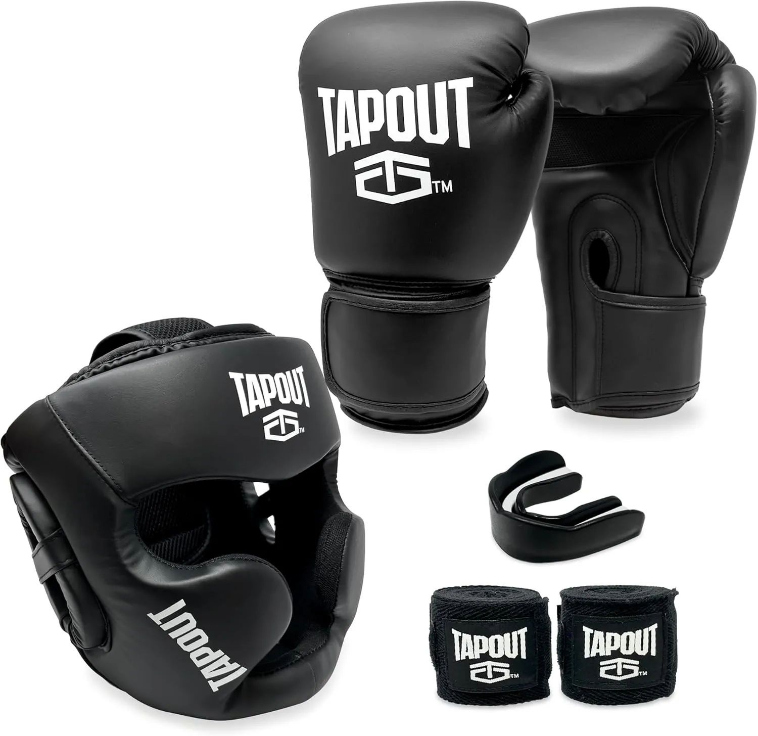 TAPOUT Boxing Set - 10 oz Gloves, Headgear, Two Handwraps, One Mouth Guard, Mesh Bag - Complete Training Gear for Boxers