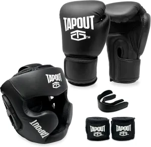 TAPOUT Boxing Set - 10 oz Gloves, Headgear, Two Handwraps, One Mouth Guard, Mesh Bag - Complete Training Gear for Boxers