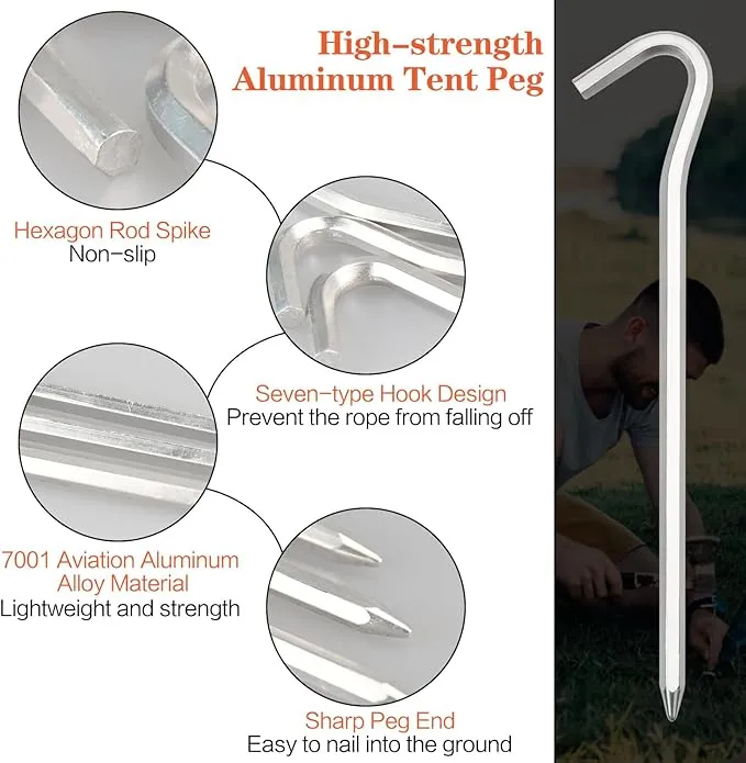 Tent Pegs, 4/8/16/32/64 Pack Aluminum Tent Stakes Pegs with Hook, 7" Hexagon Rod Lightweight Canopy Stakes Pegs for Camping, Canopy, Outdoor Decoration(7", 4 Pack)