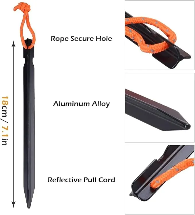 Tent Stakes Heavy Duty,Metal Tent Stakes,Aluminum Tent Pegs with Refective Tent Cords,Yard Stakes,Groud Stakes,Stakes for Inflatables&Camping&Ground-14Pack-Black