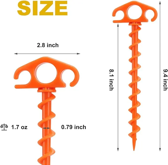 Tent Stakes Sand Stakes for Beach Tent Spiral Anchor Stakes 9.4 Inch Heavy Duty Screw Canopy Stakes for Camping, Hiking and More (10, Orange)