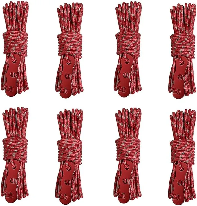 Tent Wind Ropes with Tensioners Cord Adjuster, 8pcs 13ft Reflective Rope for Camping, Hiking, Canopy Shelter, Outdoor Activity(RED)