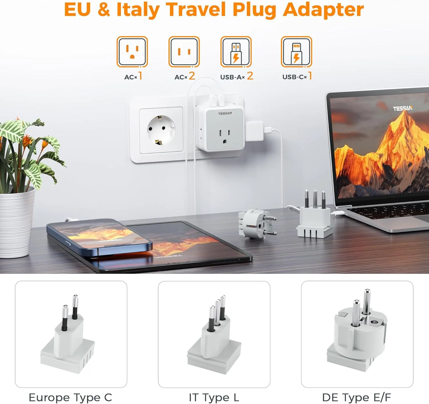 TESSAN All European Italy Travel Plug Adapter Kit, International Detachable with 3 Outlet 3 USB Charger (1 USB C), Type C/E/F/L EU Power Adaptor, US to France Germany Spain Greece Iceland