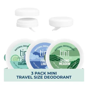 Tini Naturals Mini Travel Size Deodorant Trio Variety Pack, Aluminum Free Shea Butter & Coconut Oil Deodorant, Fresh Linen, Cool Cucumber and Spring Meadow Scents, 0.4 oz each (3 Pack)