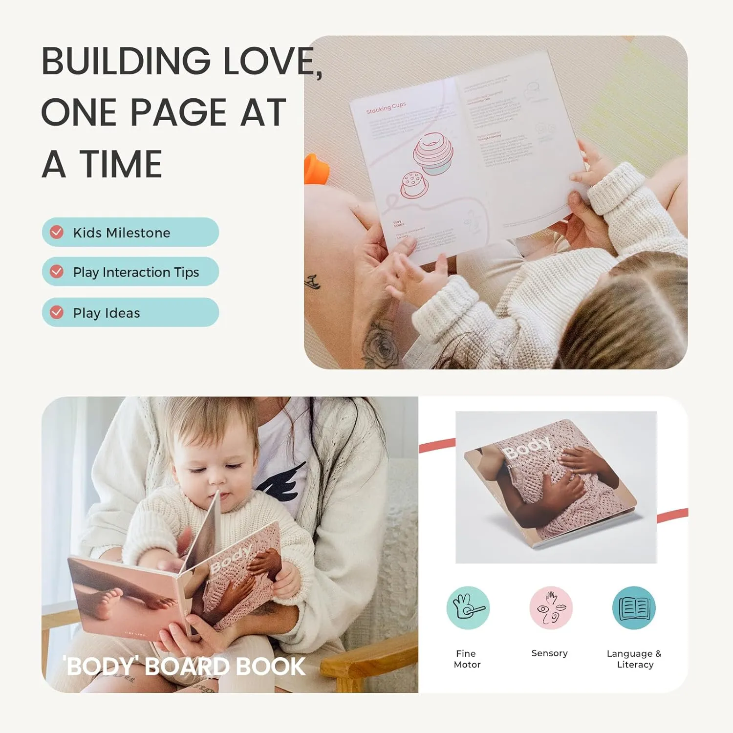 Tiny Land Montessori Toy Set for Babies 7-9 Months Senser Play Kit - 5-in-1 Wooden Learning Toys with Object Permanence Box, Sensory Ball, Stacking Cups and Mirror Puzzle,Body Board Book