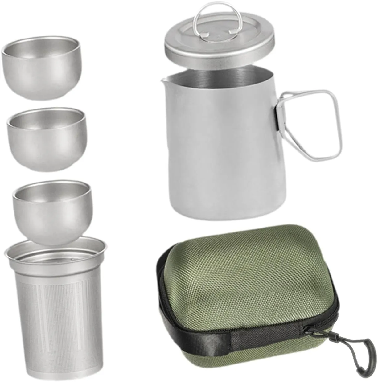 Titanium Tea Set Tea Maker Portable Multifunction with Storage Bag Tableware with Teacups Travel Teapot for Fishing Traveling, with Handle