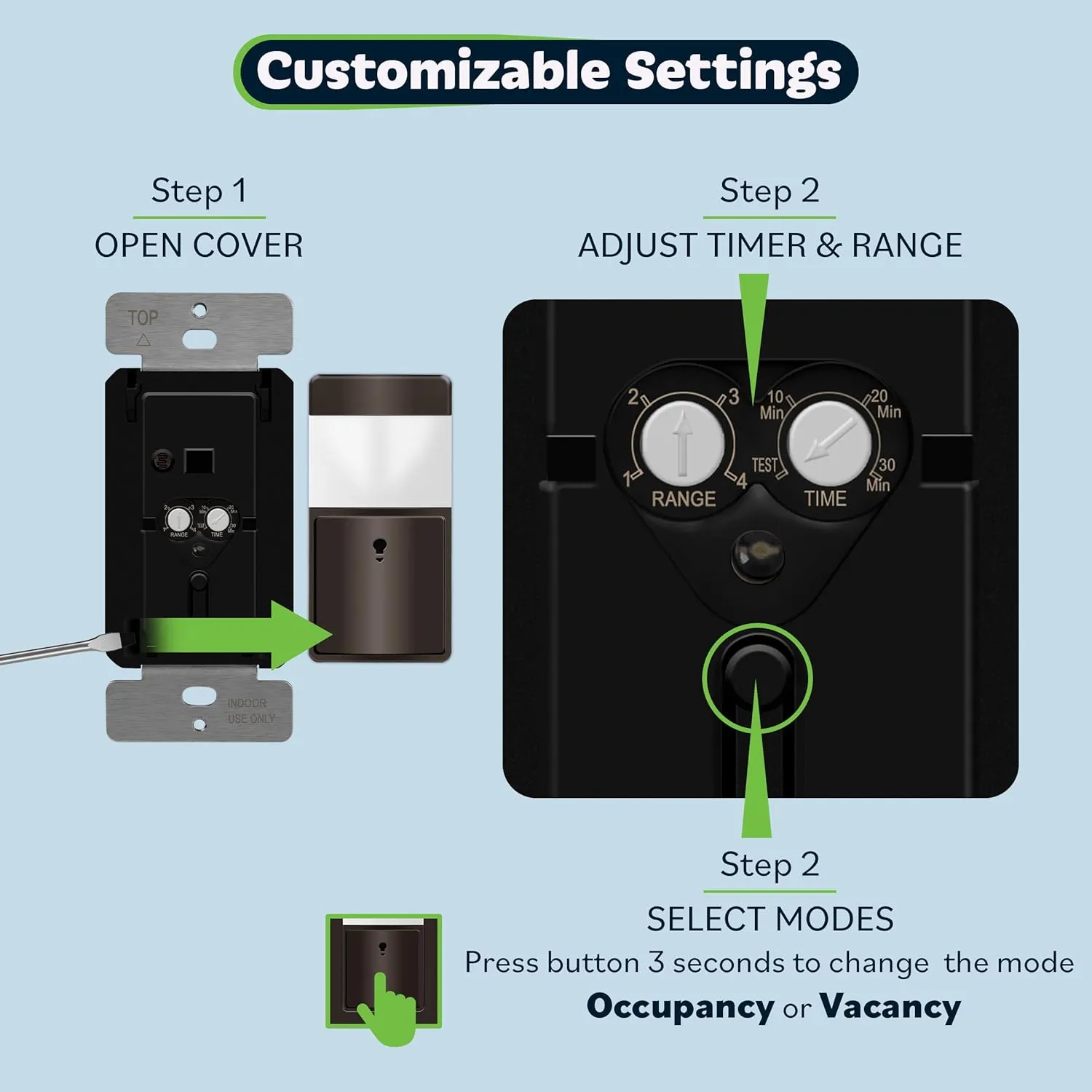 TOPGREENER PIR Motion Sensor Switch, Ambient Light Level Detector, No Neutral Required, 150W LED/CFL, 1/6 HP, Occupancy Vacancy Modes, Ground Wire Required, Single Pole, TDOS5-JM, Brown