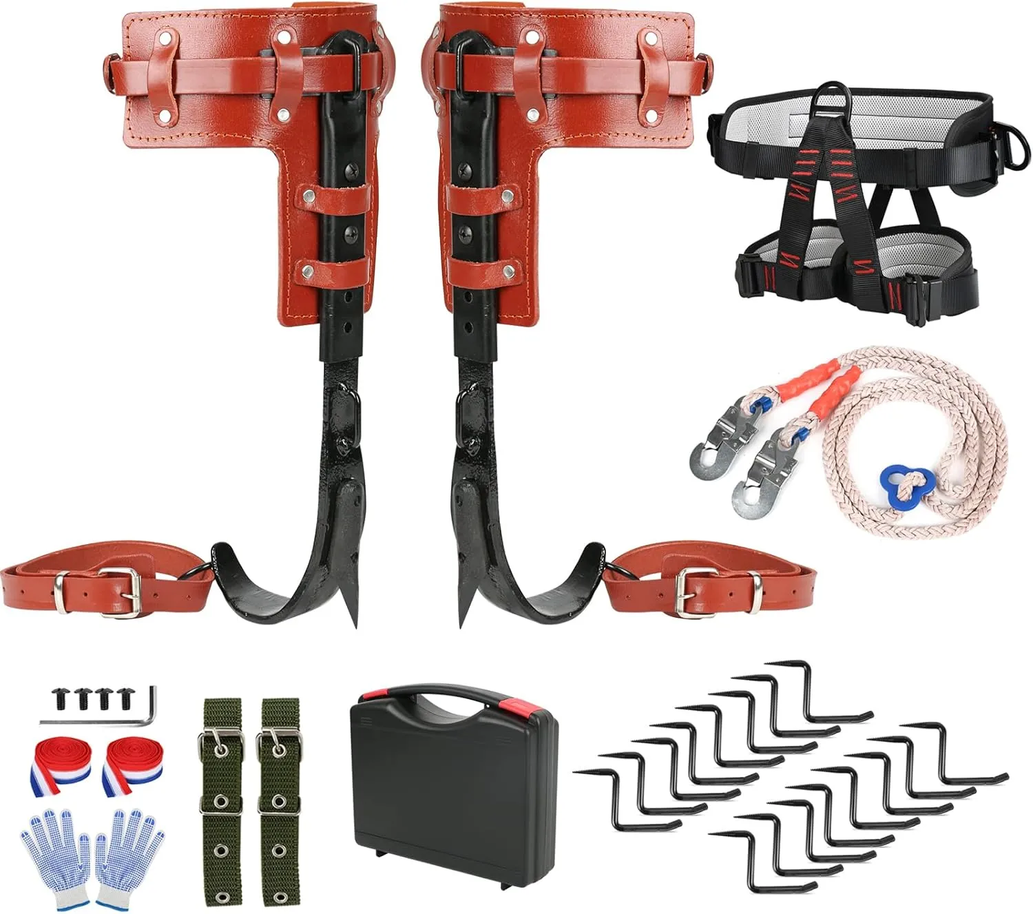 Tree Climbing Spikes Set with Tree Step, Adjustable Tree Climbing Step Gear with Screw-in Tree Step, Climbing Seat Belt, and Rope, Leather Forged Tree Climbing Equipment