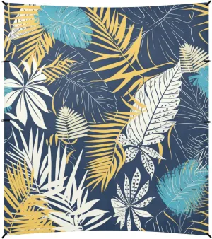 Tropical Style Leaves Pattern Yellow and Blue Foldable Beach Tent UPF50  Protection Water-Resistant Shade Sun Shelter with Sandbags, Sand Shovel, Poles for Backyard and Camping
