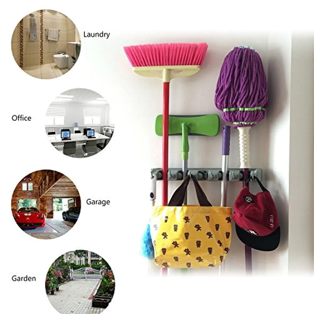 (Two PCS) Freye Mop Holder (Non Slide)5Position with 6Hooks, Install Behind Door