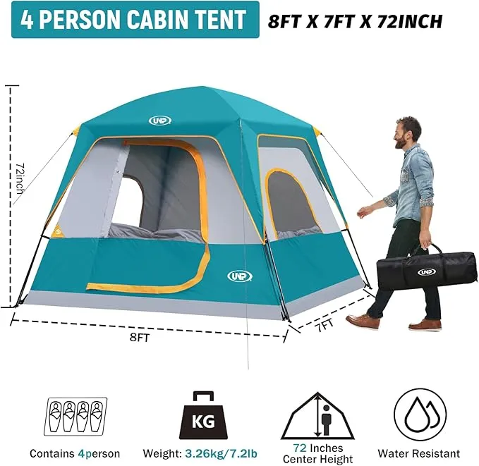 UNP 4-Person Tent, Portable Cabin Tent, Camping Tent 4-Person Easy Set Up, Waterproof with Top Rainfly for Outdoor Camping/Hiking
