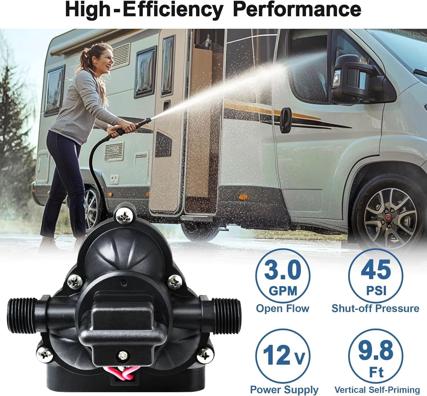 Upgraded 12V DC Diaphragm Pump, 3.0 GPM, 45PSI, Self-Priming, Dry-Run Safe, Built-in Pressure Switch, for Marine, RV&Home Water Systems