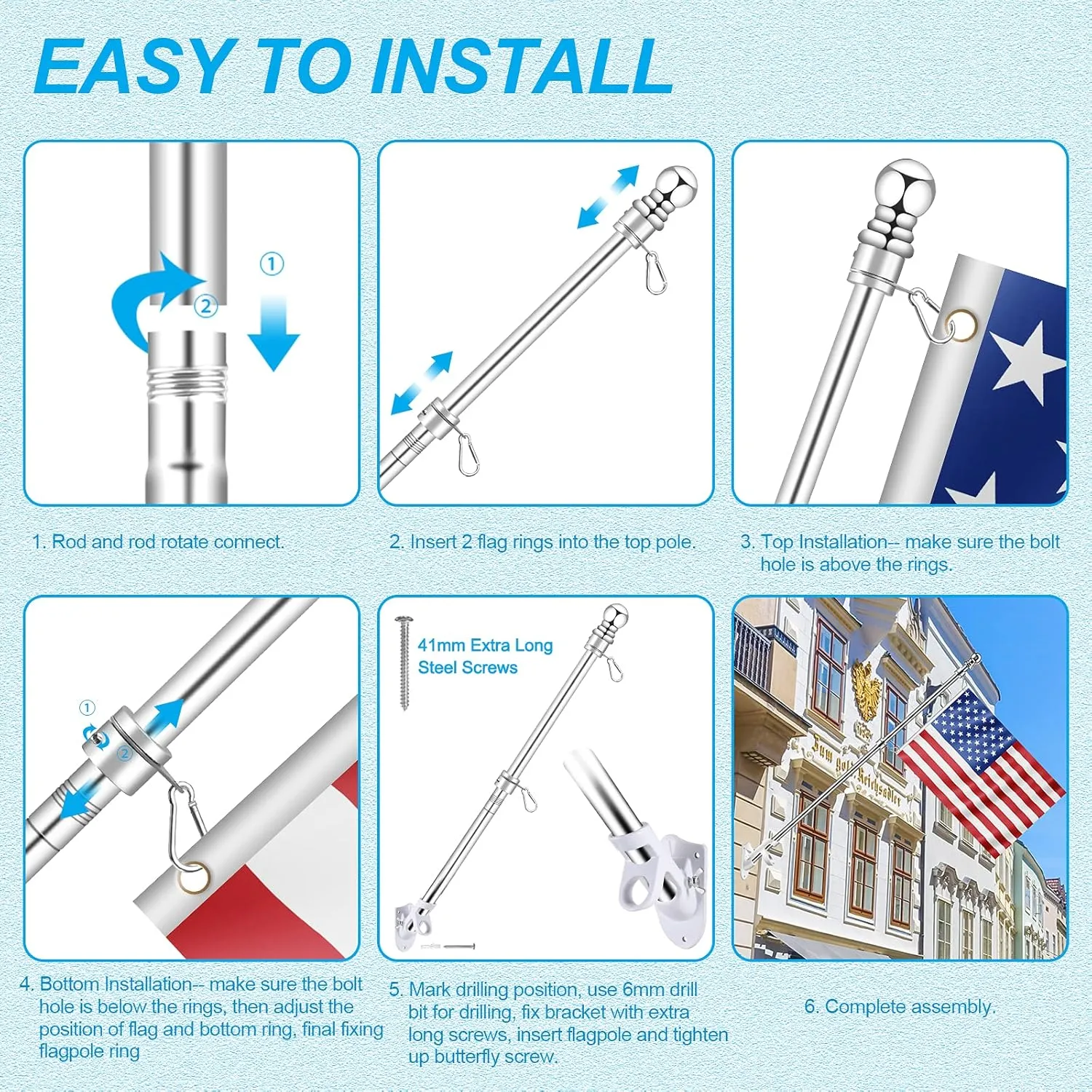 Upgraded Flag Pole Kit w/ 2-Position Bracket Holder & w/Spinning Rings - 5FT to 6Ft 1" Metal Flagpole Kit for 3x5 & 4x6 American Flag - Yard House Wall Mount Flag Pole for Residential (5 FT, Silver)