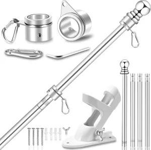 Upgraded Flag Pole Kit w/ 2-Position Bracket Holder & w/Spinning Rings - 5FT to 6Ft 1" Metal Flagpole Kit for 3x5 & 4x6 American Flag - Yard House Wall Mount Flag Pole for Residential (5 FT, Silver)